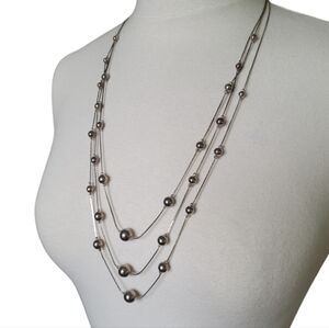 Vintage Silver Plated Station 3 Strand Necklace Korea Graduated Bead 25"-29"